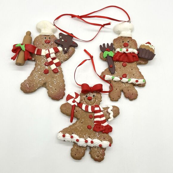 Gingerbread Man Girl Christmas Ornament Lot 6 Clay Dough Flat Kurt Adler Decor - Picture 2 of 13